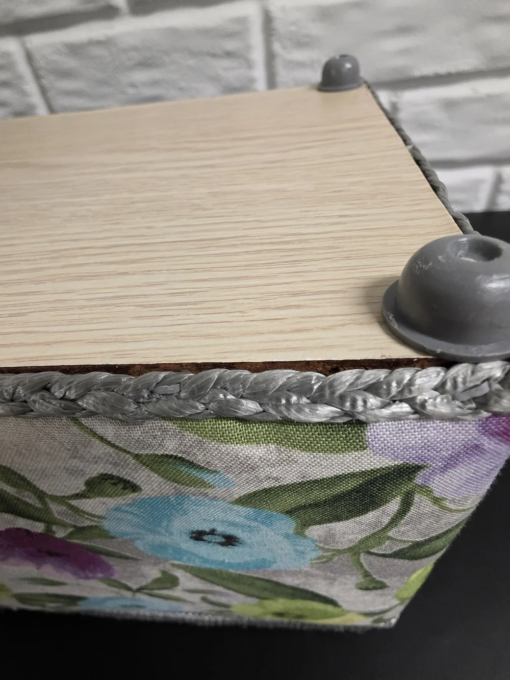 Floral Fabric Sewing Basket Rectangle Craft Organizer Box Gray Trim